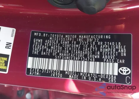 2022 Toyota Corolla Se из США, поврежденный, VIN 5YFS4MCEXNP134748